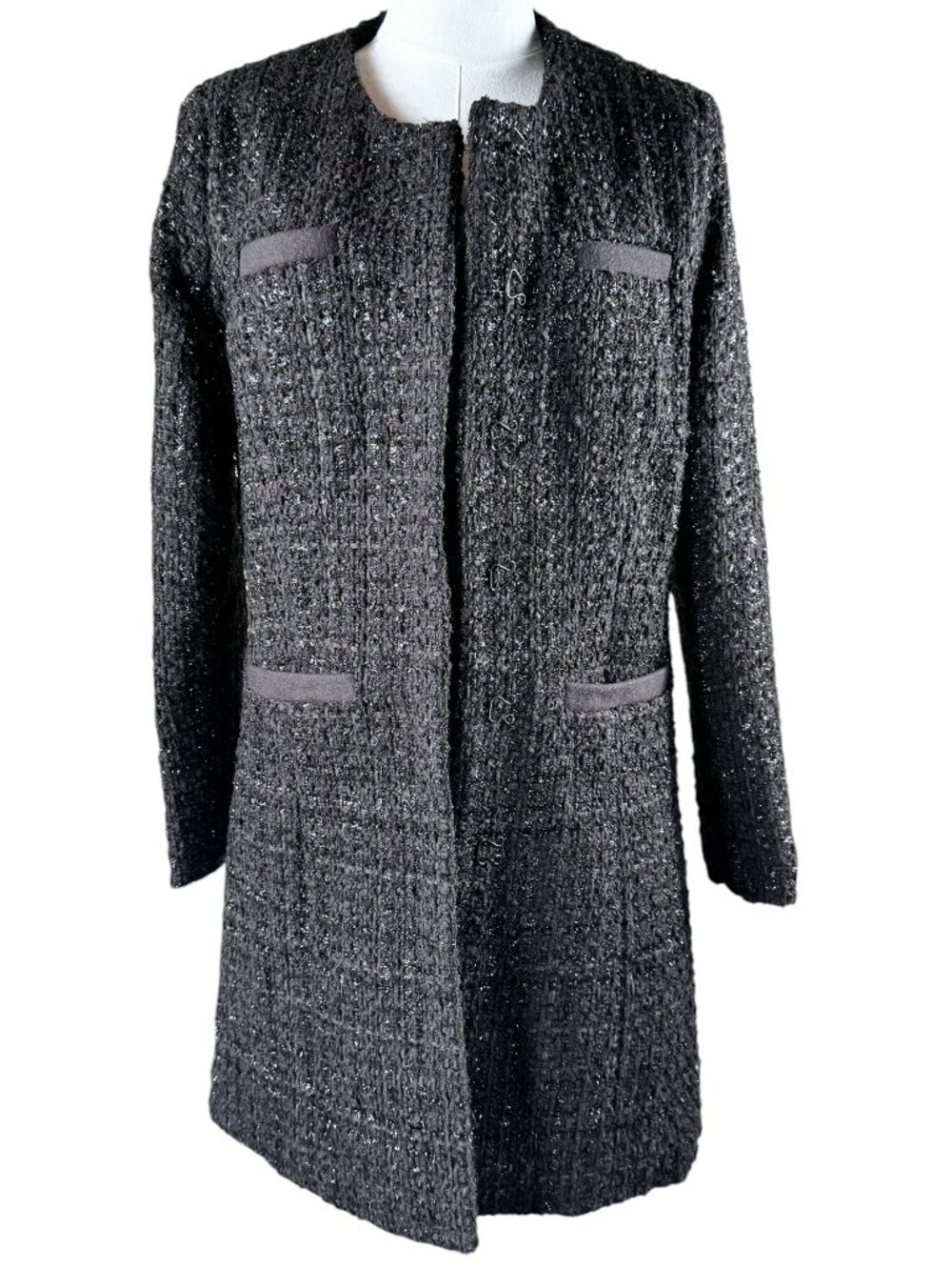 VERTIGO Paris Brown Metallic Tweed Collarless Long Coat Jacket XS